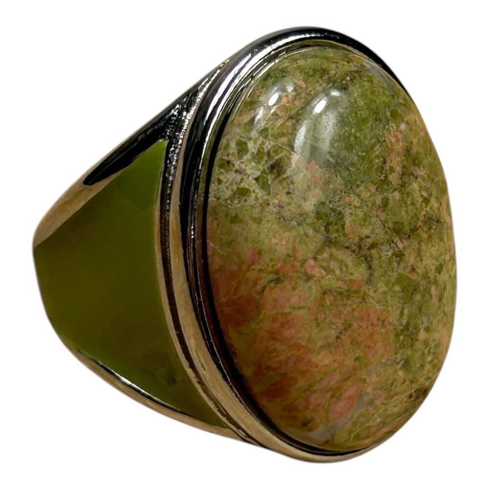Unakite Oval Cabochon 316L Stainless Steel Statement Ring Size 8.75